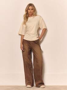 MUSERA Cinched Waist Ruched T-Shirt Casual Airport Holiday Fall Back To School Autumn Winter  ,Elegant - Apricot - View 5