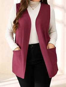 EMERY ROSE Plus Size Solid Color Sleeveless Loose Pocket Simple Casual Jacket,Spring/Summer,Summer,Vacation Woman / Vacation - Red - View 6