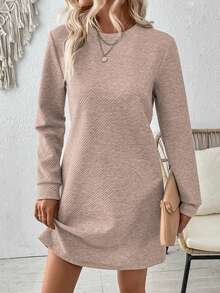 EMERY ROSE Women's Solid Color Round Neck Loose Casual Straight Long Sleeve Dress - Apricot - View 6