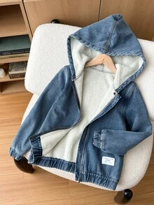 SHEIN Tween Jungen Mode Lässig Y2k Vintage Cool Straße Rückkehr zur Schule College Basic Label Einfach und Bequem Blau Denim Fleece Kapuzen Langarm Jacke für Kinderbekleidung Tween Jungen Kostüm Alltagskleidung und Kinder Sommer und Herbst Rave Outfits Festival und Strand Outfits Streetwear Schulkleidung