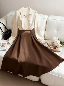 Franclia 优雅米色拼布卡其色裙装，女士秋冬商务休闲办公室装 - 杏色 - 查看 4