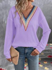 Camiseta de manga larga de unicolor con cuello en V, casual y versátil para mujeres - Morado - Ver 10