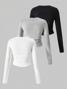 3pcs/Set Teens' Solid Color Round Neck Pleated Embroidered Knight Pattern Long Sleeve T-Shirt, Autumn/Winter - Multicolor - View 2