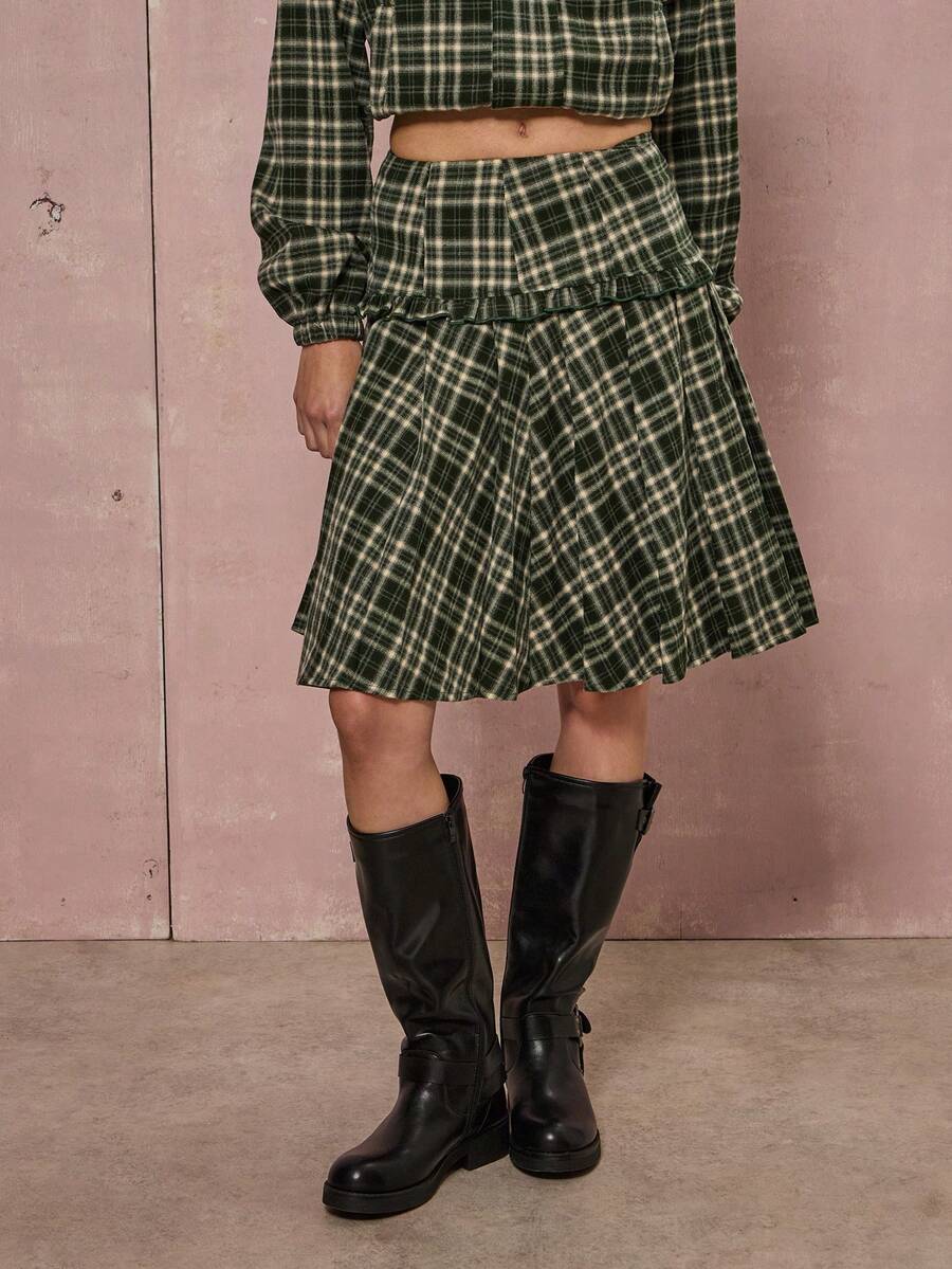 COUREZ 荷叶边拼接褶裥格纹半身裙/Y2K冬季外出中长裙/冬季半身裙 - 綠色 - 查看 1