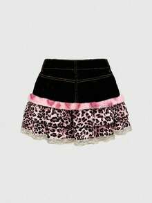 ROMWE Kawaii Leopard Print Patchwork Cute Denim Mini Skirt - Pink - View 2