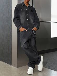 Manfinity ZONE917 Autumn Street-Style Washed Black Fitted & Loose Graffiti Distressed Shadow Denim Set Men 2 Pieces Set Men Black Denim Set