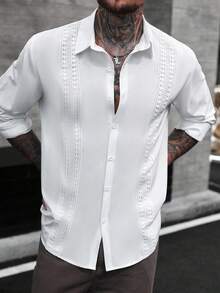 Manfinity CasualCool Men's Casual Solid Color Single-Breasted Long-Sleeve Shirt, Suitable For Casual Vacations, Parties, Dining, And Office Fashion Wear. It Is The Perfect Gift For A Boyfriend Or Husband. The Fabric Feels Comfortable And Is Easy To Care For, With A Versatile Style That Suits Everyone, Fall Men Lace Mesh Shirt White Laced Men Shirt