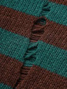 Manfinity Homme 男士休闲宽松条纹做旧圆领长袖毛衣，秋冬 - 墨綠色 - 查看 5