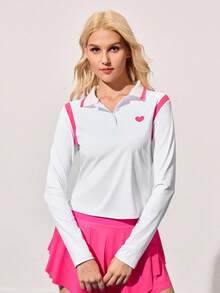 CourtClass CourtClass 女式拼色心形印花长袖 Polo 领修身休闲运动网球 Polo 衫，适合所有季节 - 白色 - 查看 6