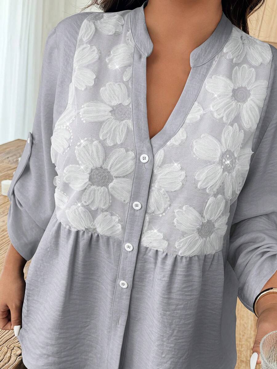 SHEIN LUNE Plus Size Floral Pattern Notched Neck Long Sleeve Shirt, Casual Autumn - Grey - View 1