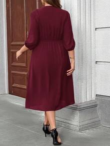 Miaspire Plus Size V-Neck Dropped Shoulder Puff Sleeve Concealing Belly Midi Dress - Burgundy - View 2