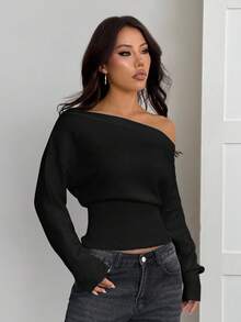 SHEIN PETITE 米色超大碎花不对称肩部浪漫宽松针织毛衣，秋冬 - 黑色 - 查看 6