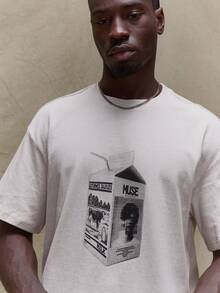 Musero Áo thun tay ngắn dáng rộng cổ tròn in họa tiết, thích hợp cho mùa Thu Hè Xuân, phong cách đường phố. - Màu be - Xem 2