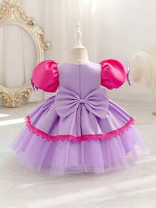 Glamorique Kids Baby Mädchen Farbblock Kleid mit floraler Stickerei, modisch für Geburtstagsfeiern, Abendveranstaltungen, Hochzeiten, Taufen, 1. Geburtstag - Violett - Übersicht 2