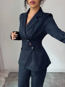 Elenzga Women's Navy Blue Striped V-Neck Asymmetric Lapel Single Pocket Design Waist Cinched Long Sleeve Jacket And Pocket Pants Suit, Elegant Professional Outfit