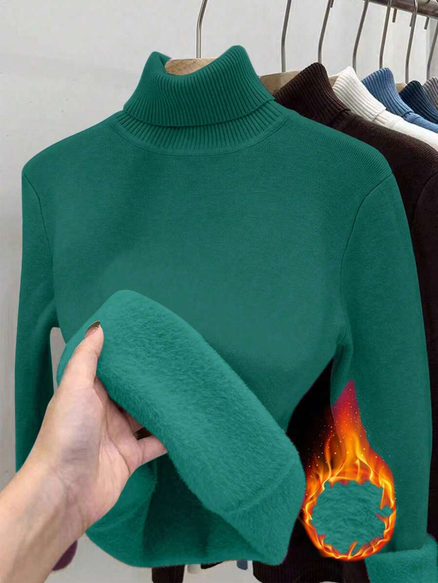 Franclia Áo len dài tay giữ nhiệt cổ lọ lót lông vừa vặn, ấm áp và thoải mái cho mùa thu/đông - Màu xanh ngọc - Xem 1
