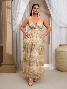 VOLUPTÉ CURVE Đầm cocktail cỡ lớn lấy cảm hứng từ phong cách vintage, đính sequin và tua rua, cổ chữ V sâu, dây mảnh, thắt lưng, tua rua nhiều lớp và đính sequin, dài đến sàn, đầm dạ hội sang trọng cho ngày Valentine. - Vàng - Xem 5