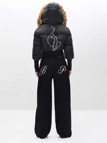 BABYPHAT Cropped Puffer Jacket With Fur Hood Embroidered Winter Coat Quilted Outerwear