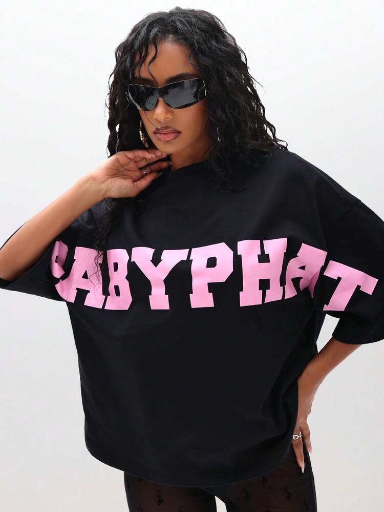 BABYPHAT ピンクのテキストプリントがあるオーバーサイズのグラフィックTシャツ カジュアル夏トップス