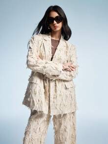 Aveloria GENKIRA 女式休闲纹理提花流苏镂空重磅面料双排扣西装外套和阔腿裤套装 - 米色 - 查看 3