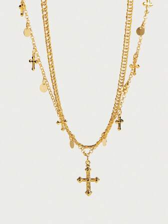 Glisma 18K Gold-Plated Double Cross Necklace, Y2K/For Mom/Women/Girl, Suitable For Fall, Autumn, Winter, Festival, Holiday, Vacation, Old Money, Halloween,Party,Night Club,Shopping,Vintage,PREMIUM,Zirconia,Rhinstone,Cross
