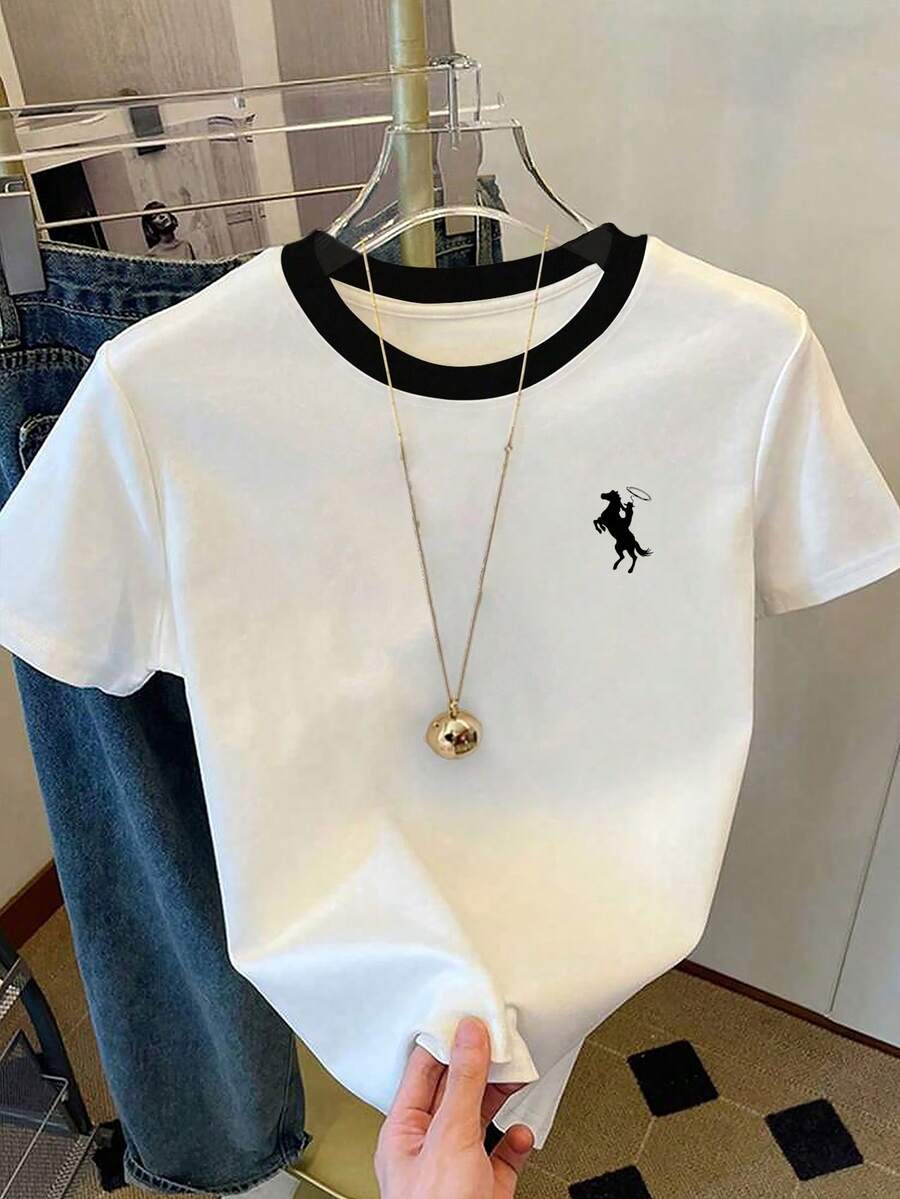 Resyla 女式简约圆领宽松T恤，饰有马标志 - 白色 - 查看 1