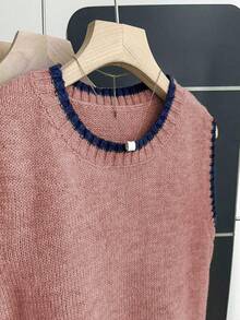 Franclia 女式休闲宽松圆领无袖针织撞色饰边卡其色毛衣上衣，春秋季 - 西瓜粉 - 查看 5