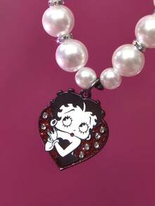 Betty Boop x SHEIN 时尚甜美女士人造水晶仿珍珠手机挂绳手工串珠锌合金手机链闪亮吊坠手机挂件配件，适合纪念收藏礼物、爱情礼物、礼品创意、派对、节日、情人节 - 彩色 - 查看 3