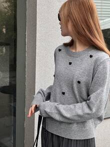 DAZY 少女休闲简约心形图案宽松圆领毛衣，秋冬