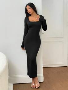 SHEIN PETITE 女士秋冬基础款针织灰色修身方领长袖连衣裙 女士长袖连衣裙 高弹力连衣裙 长款紧身连衣裙 长款修身连衣裙 - 黑色 - 查看 7