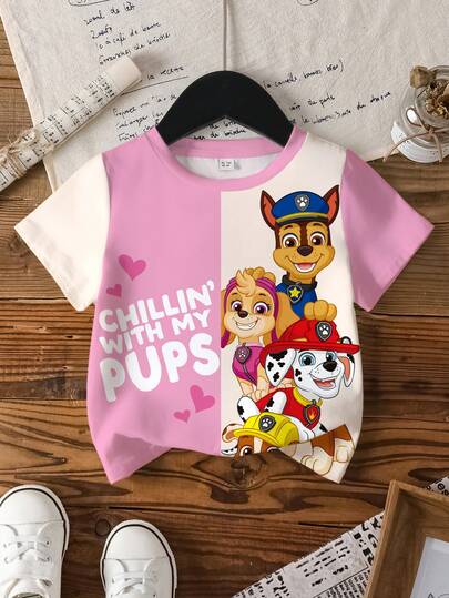 SHEIN | PAW Patrol 年轻女孩夏季休闲可爱卡通字母图案拼色短袖T恤