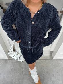 Livesso 女式休闲圆领开衫和蓬松迷你裙两件套，秋季 - 藏蓝色 - 查看 6