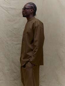 Musero Oversized Long Line Basic Hidden Placket Grandad Collar Jacket Fall SPRING SUMMER - Brown - View 3