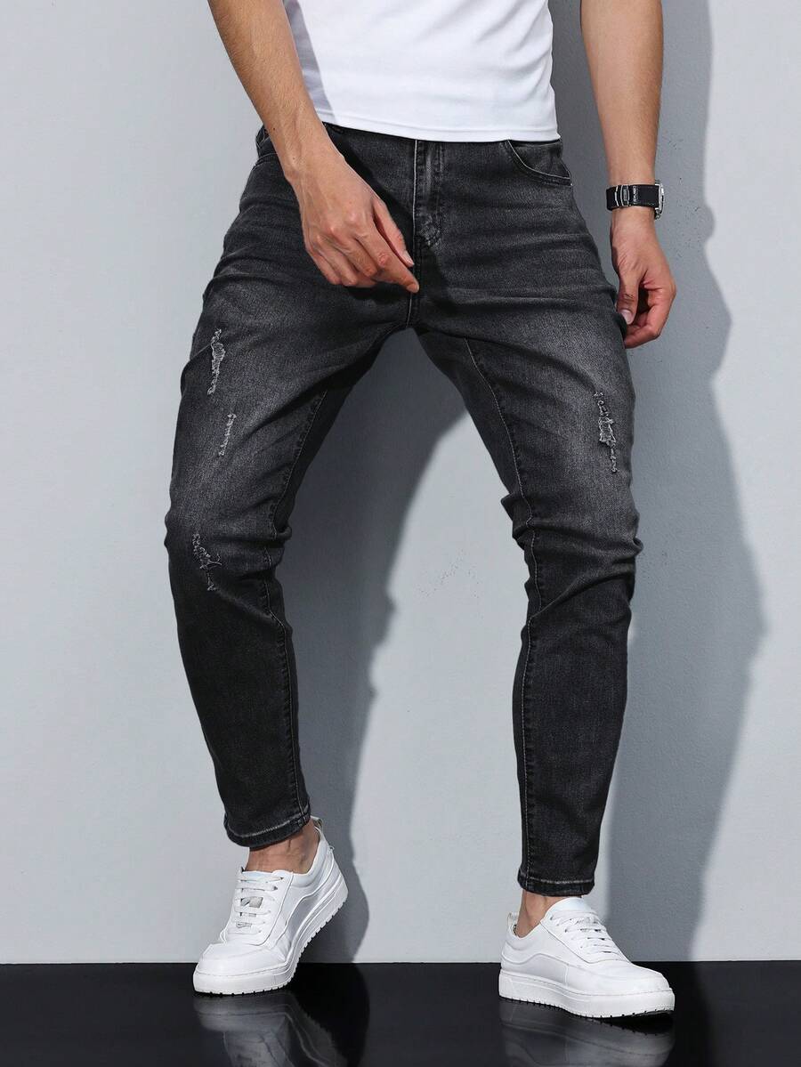 Manfinity Homme Jeans casuales de corte slim con bolsillo para hombre - Negro - Ver 1