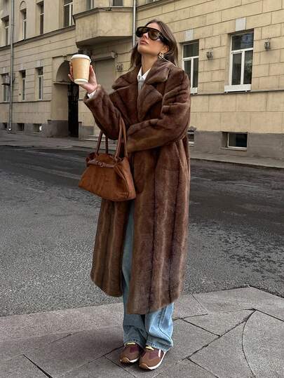 SHEIN BAE 复古棕色仿皮草大衣，秋冬
