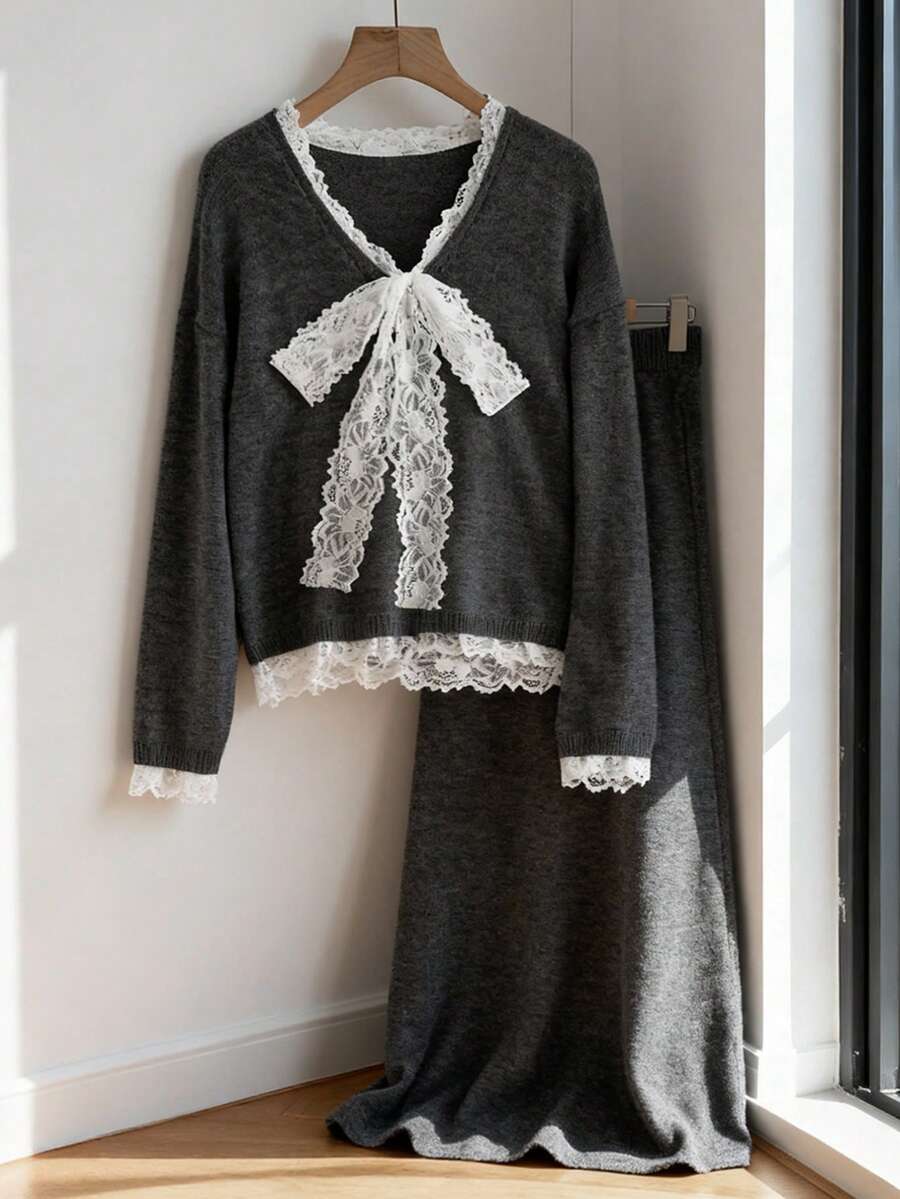 Franclia Bộ 2 áo len dệt kim cổ chữ V viền ren, thời trang cho mùa thu/đông - Màu xám đen - Xem 1