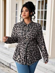 Elenzga Camisa Casual de Tecido Estampada com Estampa de Leopardo para Uso Diário, Tamanho Grande - Castanho - Visão 5