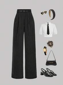 SHEIN MOD 女士宽松黑色条纹高腰直筒休闲裤秋冬女装 - 黑色 - 查看 2