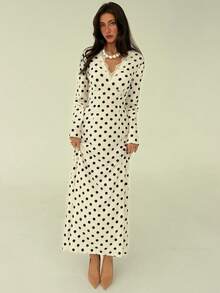 Aloruh Women's New Vintage Polka Dot Sexy Deep V Lace Decor Long Sleeve Autumn/Winter Base Layer Party Everyday Versatile Dress,Dresses For Women Elegant