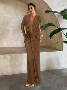 Aloruh Robe maille tricotée sans manches, décolleté plongeant sexy avec col drapé profond, couleur marron café