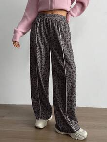 Aidyla Color Block & Leopard Print Patchwork Casual Sports Sweatpants - Coffee Brown - View 6