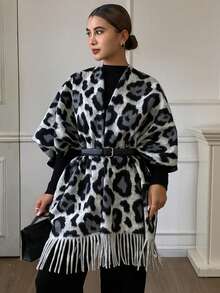 DAZY 豹纹流苏边宽松休闲优雅针织开衫女士秋冬背心 - 灰色 - 查看 5