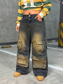 Slaydiva Plus Size Women Vintage Washed High Waist Slimming Straight Leg Cargo Pants, Autumn - Blue - View 6