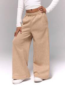 SHEIN Sparklyn Tween 女童休闲百搭街头口袋宽松阔腿松紧腰洗水雪地羊毛运动裤