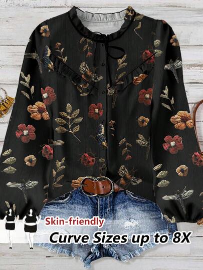 Linhara Chemise imprimée en tissu pour femmes grandes tailles, automne