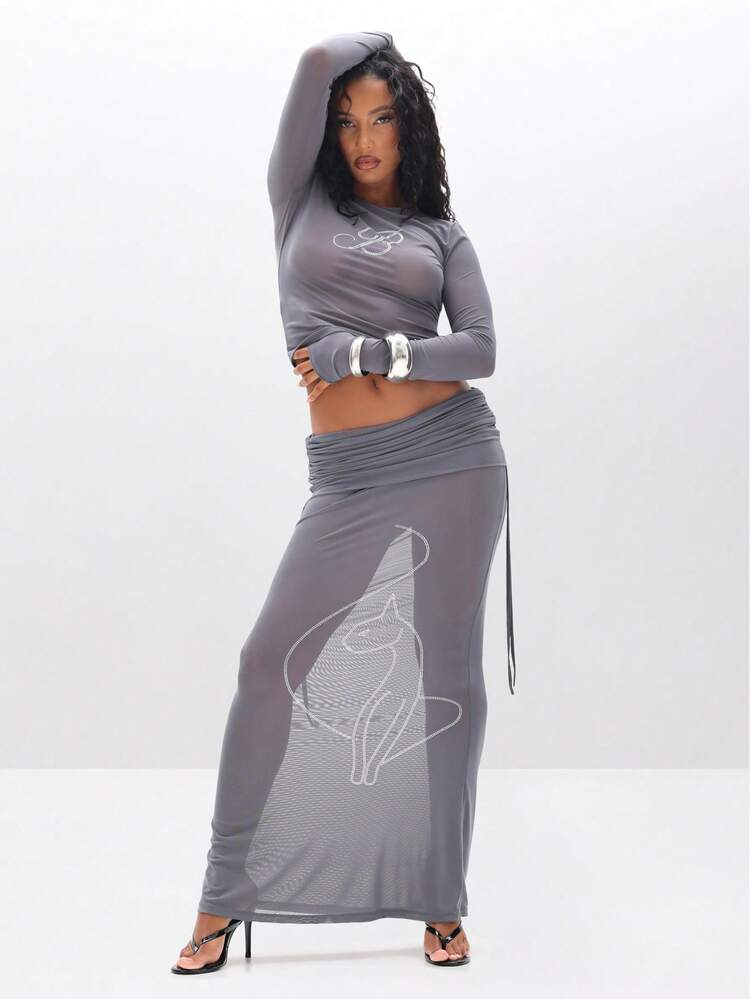 BABYPHAT Maxirock mit geraffter Mesh-Optik und Strass-Verzierungen, bodenlang für Abendmode