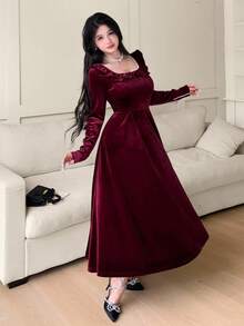 Feyla Women's Elegant Ruffled Collar Faux Pearl Decor Waist Cinched Velvet Dress, Autumn