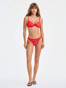1pc Women Solid Color Lace Wireless Bra Setfor Summerfor Summer - Red - View 7