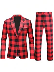 Calvornis Men's Plaid Print Long Sleeve Suit Jacket And Pants Set,2 Pieces Slim Fit Casual Leisure Suits,Red And Black,Summer,Elegant,Party,Christmas Costumes - Red - View 3