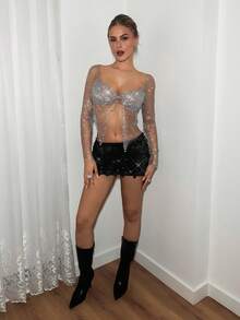 EgrlEra Top corto de red con strass, adecuado para bar, fiesta, festival de música - Plateado - Ver 5